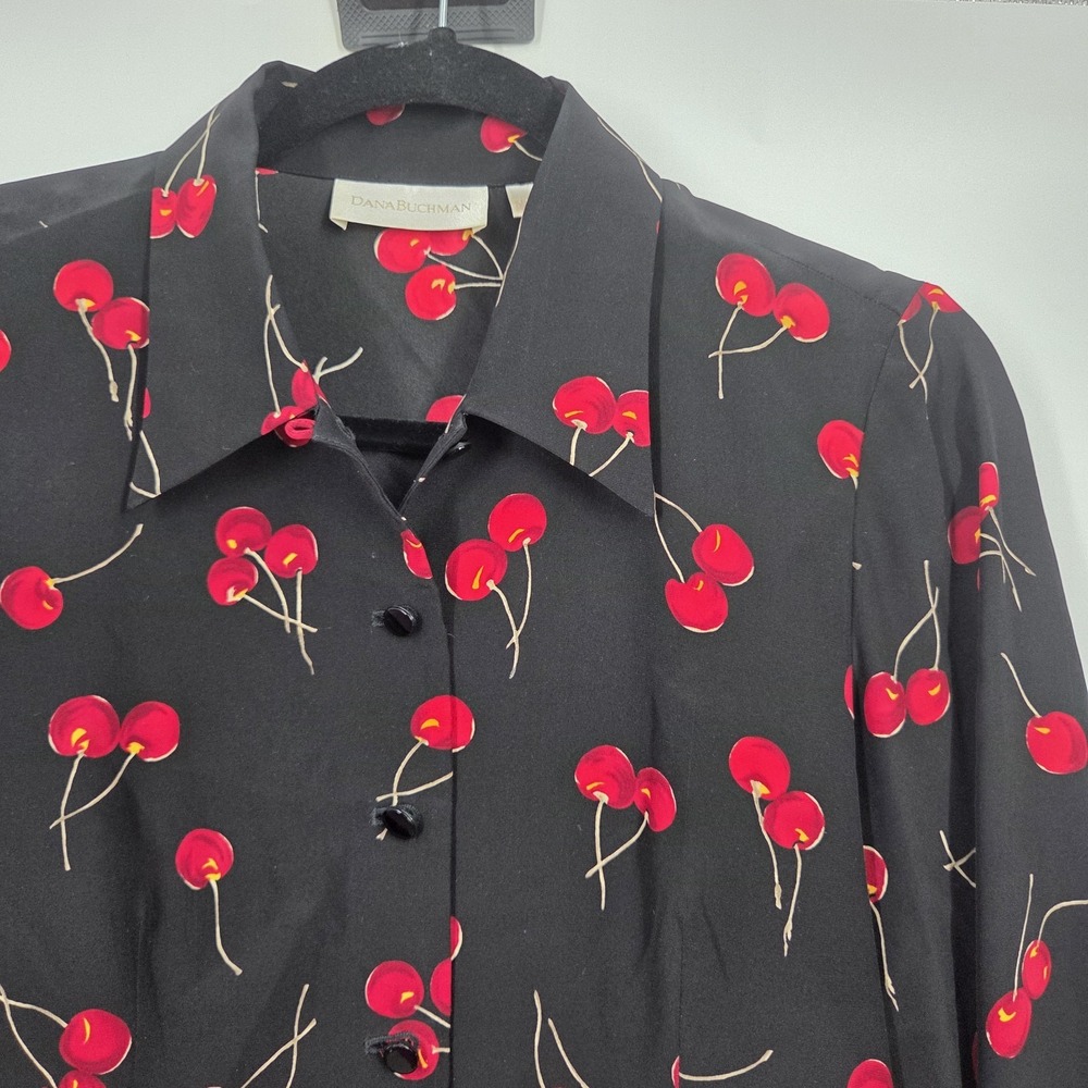 VTG Dana Buchman Womens Blouse Shirt Sz 4 Black Red Cherries Silk LS Retro - Picture 2 of 5